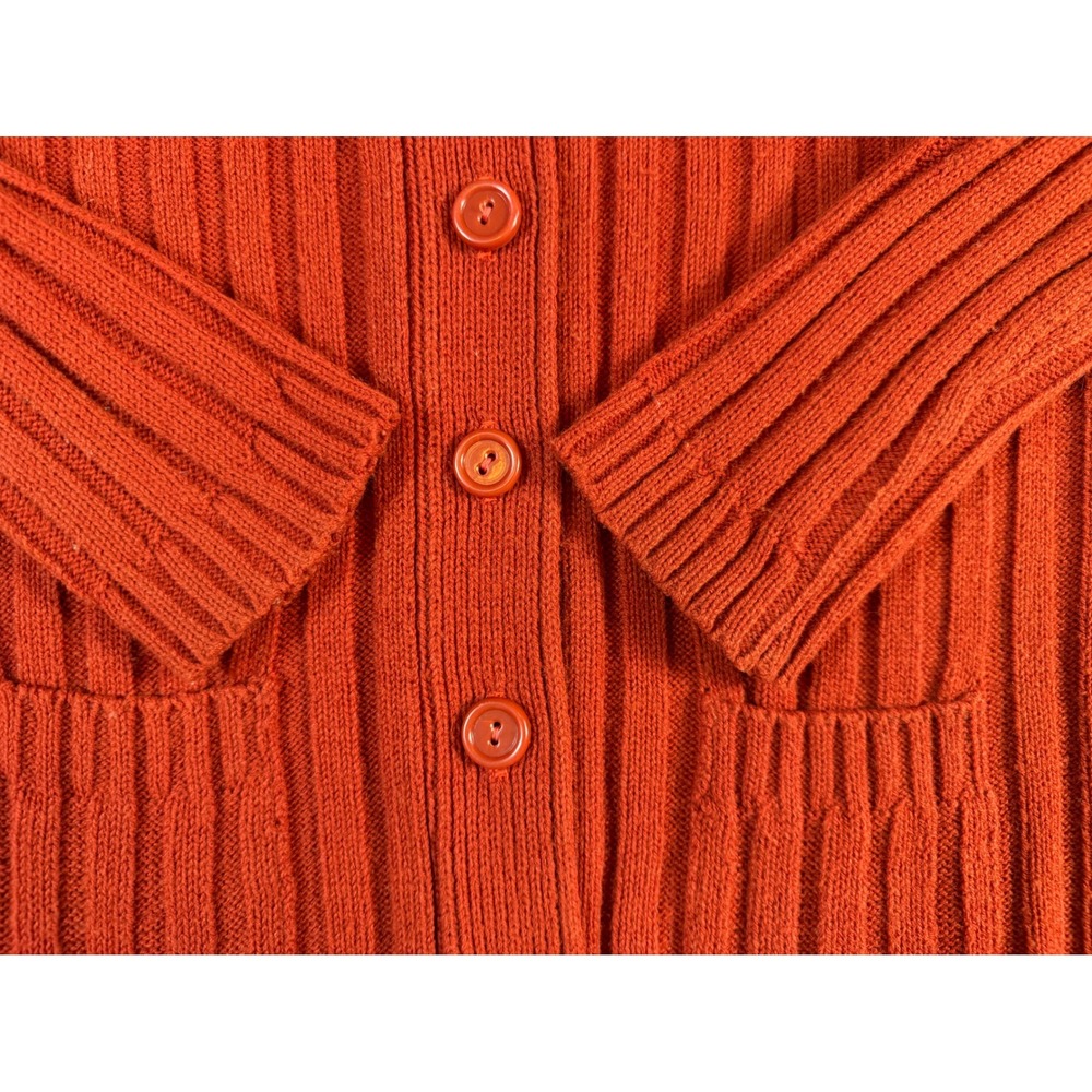 Vintage 70s Sears Jr Bazaar Cardigan Women L Burnt Orange Ribbed Longline